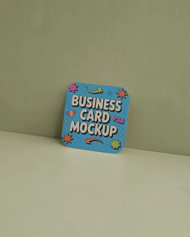 Leaning Rounded Square Business Card Mockup Against Light Green Wall On Matching Floor Background