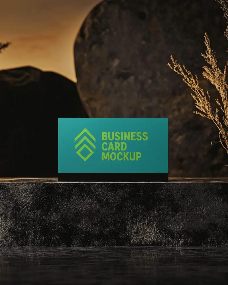 Luxury Display Business Card Mockup On Black Platform Against Dramatic Outdoor Evening Scene With Warm Tones