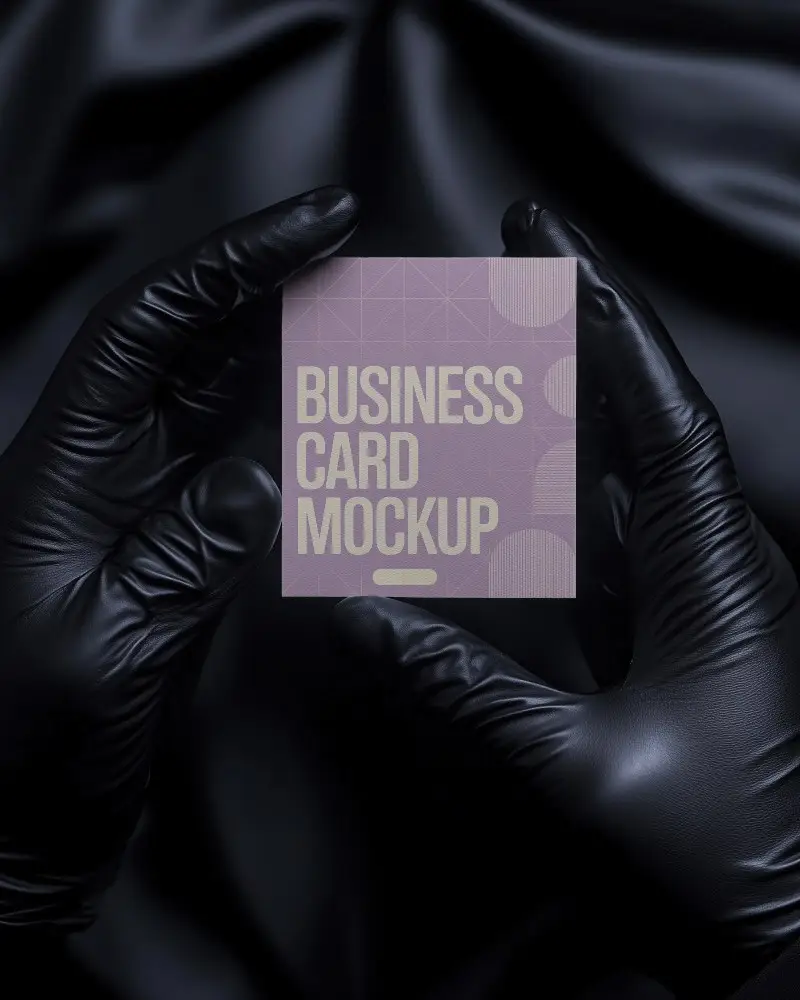 Premium Hand Holding Business Card Mockup In Black Gloves Above Luxurious Silk Fabric Background