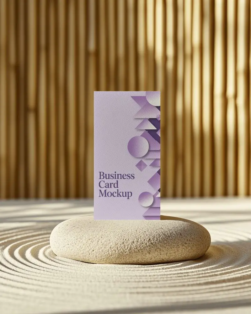 Zen Inspired Vertical Business Card Mockup Placed In Sand Garden On Stone With Wooden Panel Background