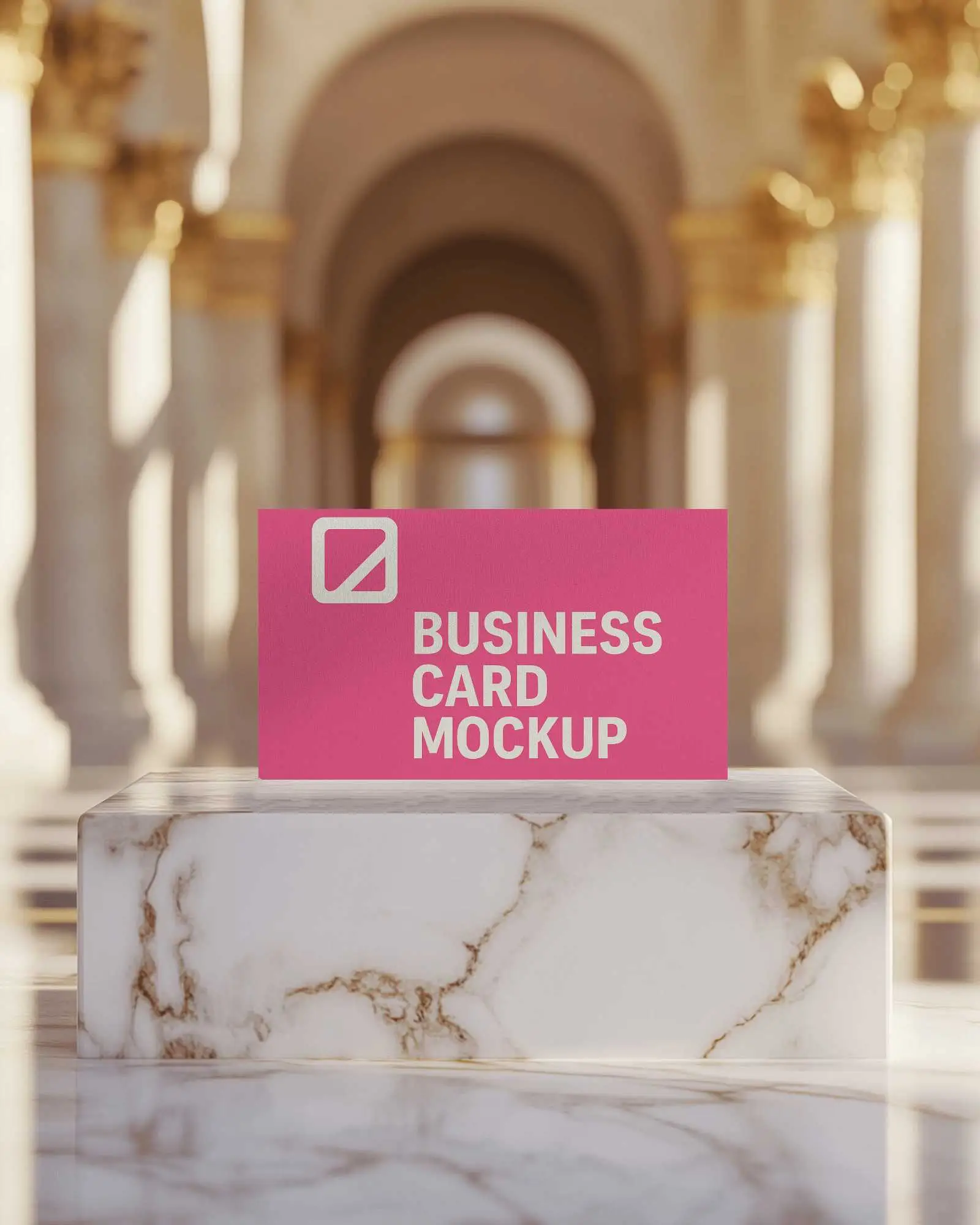 Classical Interior Business Card Mockup On Elevated Marble Podium With Arched Hallway Background