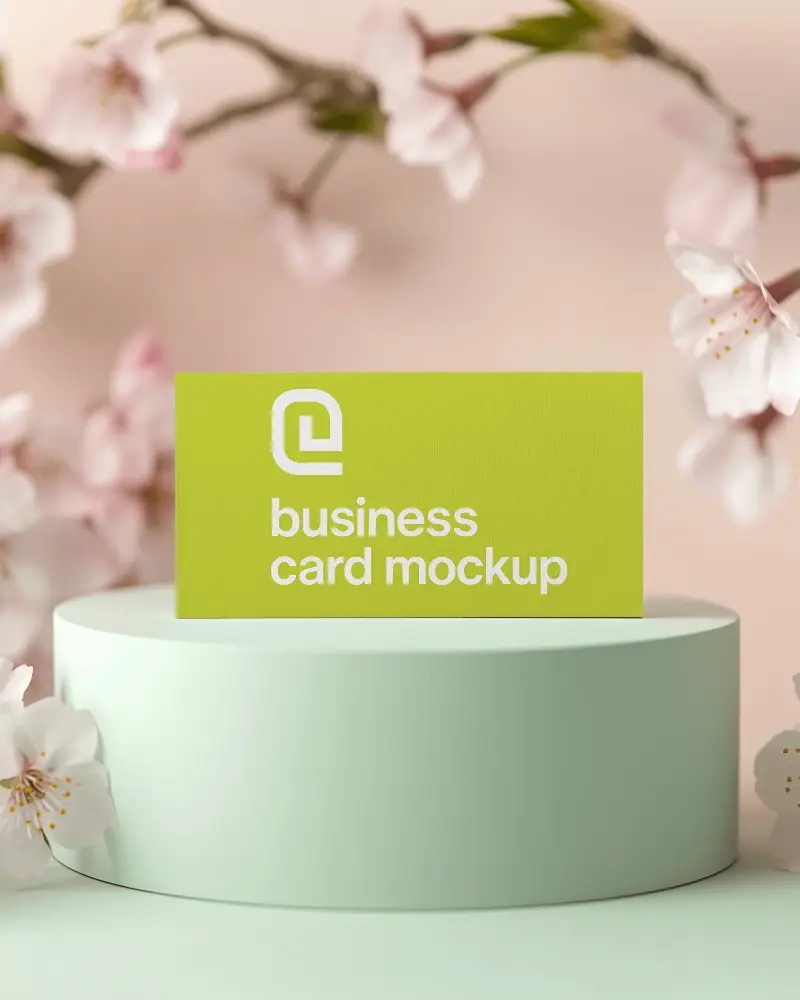 Spring Themed Business Card Mockup On Pastel Podium With Blurred Cherry Blossom Flowers In Soft Light