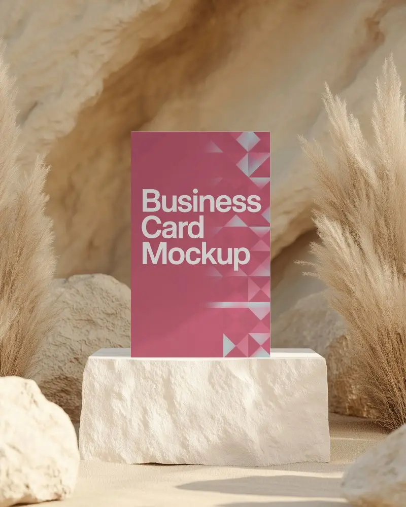 Desert Texture Business Card Mockup Upright On Sandstone Block Surrounded By Natural Elements