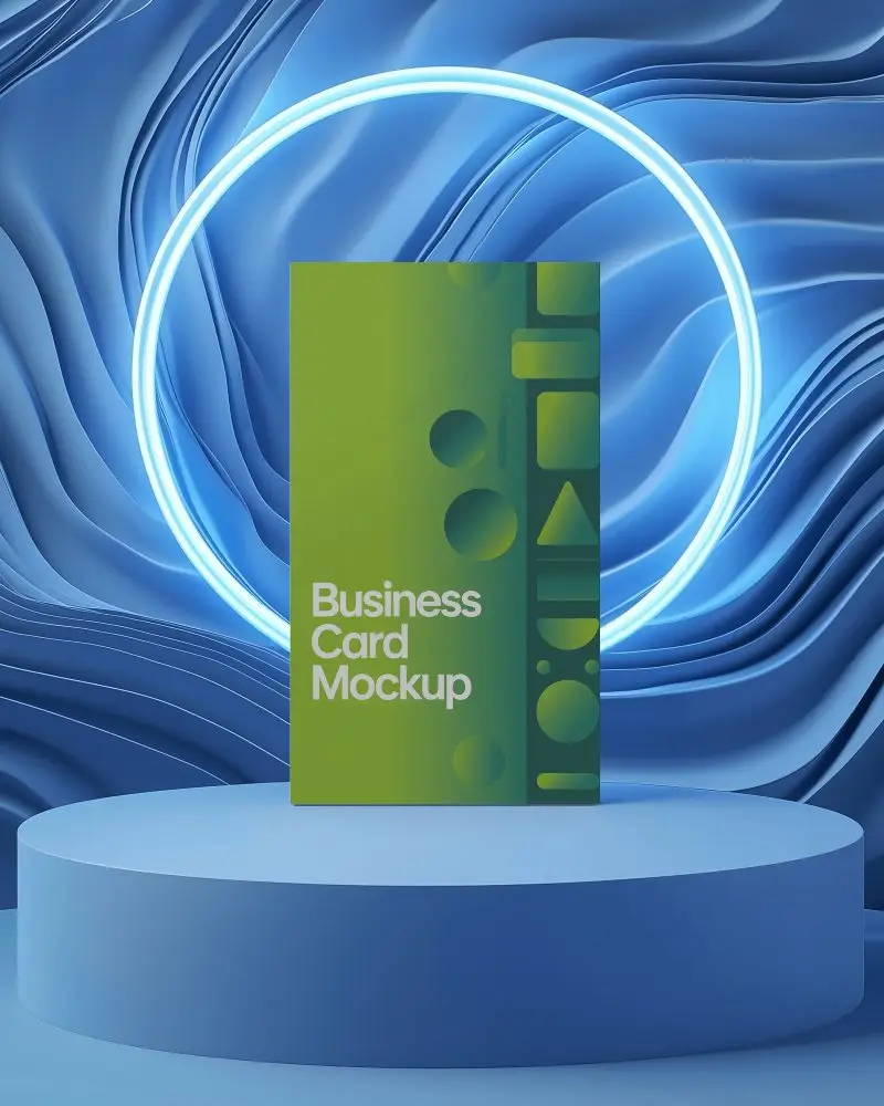 Futuristic Business Card Mockup Vertical On Blue Podium With Glowing Neon Circle And Wave Textured Wall