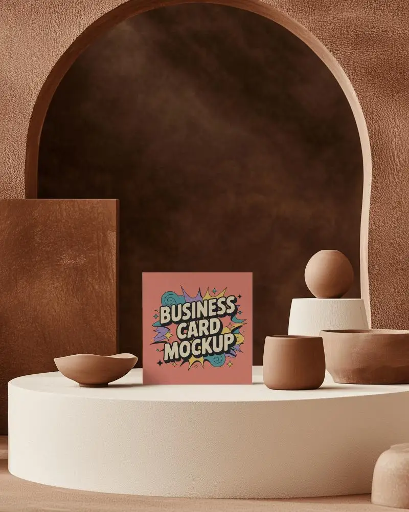 Earthy Tones Business Card Mockup Centered On Textured Cream Podium Among Clay Pots And Arched Background