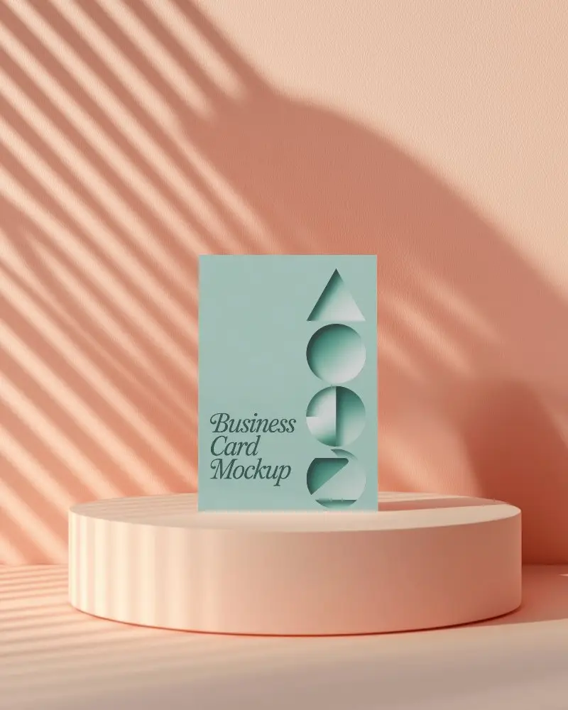 Peach Toned Business Card Mockup On Round Platform With Blind Shadow Casting Over Soft Fabric Backdrop