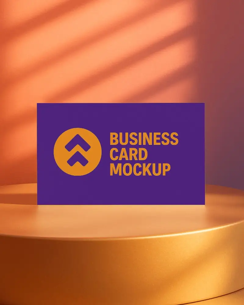 Sunlit Horizontal Business Card Mockup On Metallic Orange Podium With Blinds Shadow And Warm Gradient Wall