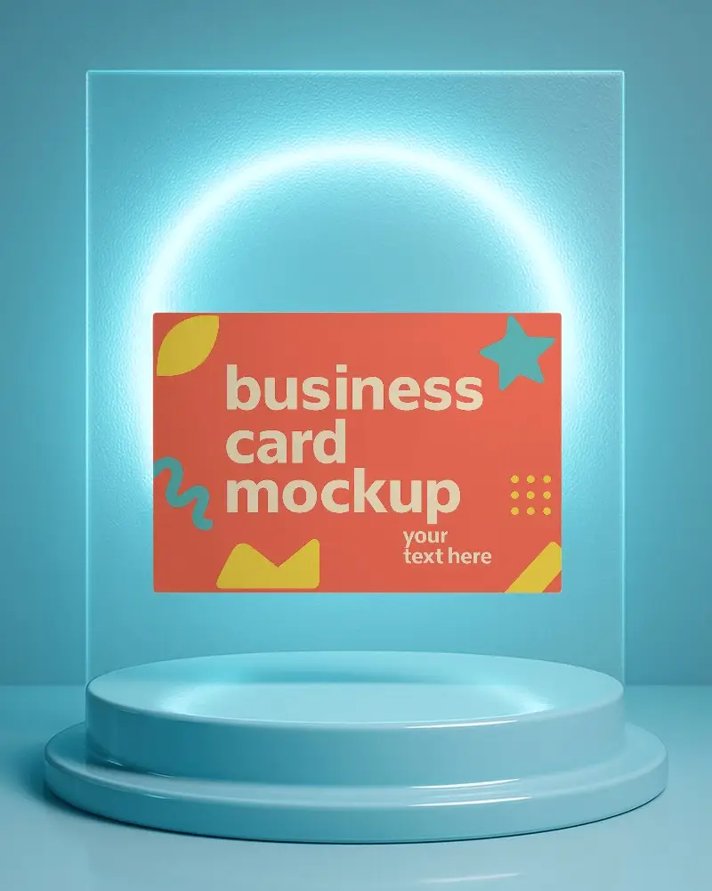 Futuristic Blue Business Card Mockup Floating In Front Of Glowing Neon Circle On Glass Back Panel Display