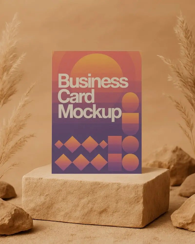 Sand Toned Vertical Business Card Mockup On Stone Block With Dried Grass Surrounding Soft Earthy Scenery