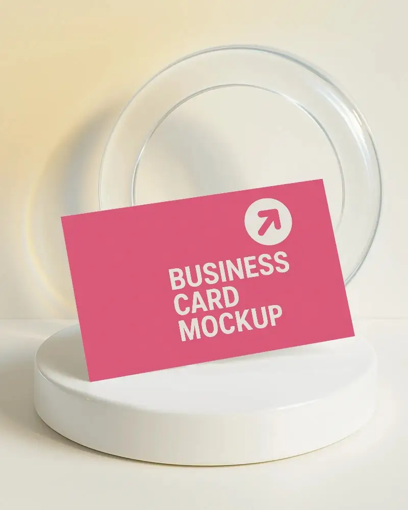 Sleek White Business Card Mockup Tilted On Glossy Round Podium With Transparent Acrylic Disc In Background