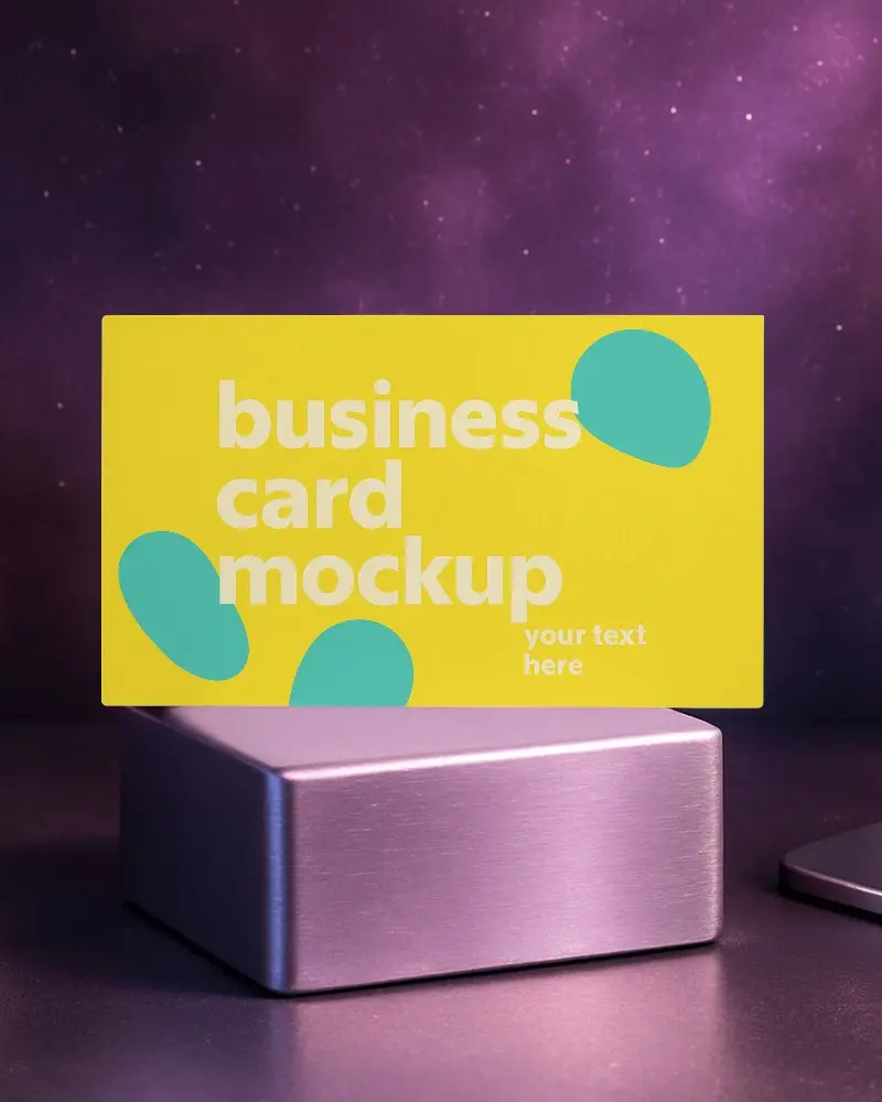 Business Card Mockup On Metallic Pink Platform Against Galactic Purple Sky Starry Night Theme