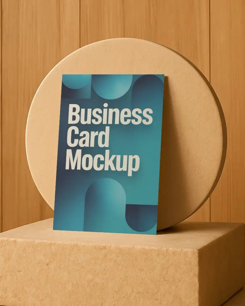 Natural Wooden Podium Business Card Mockup With Geometric Circle Backdrop And Warm Paneled Wall Setting