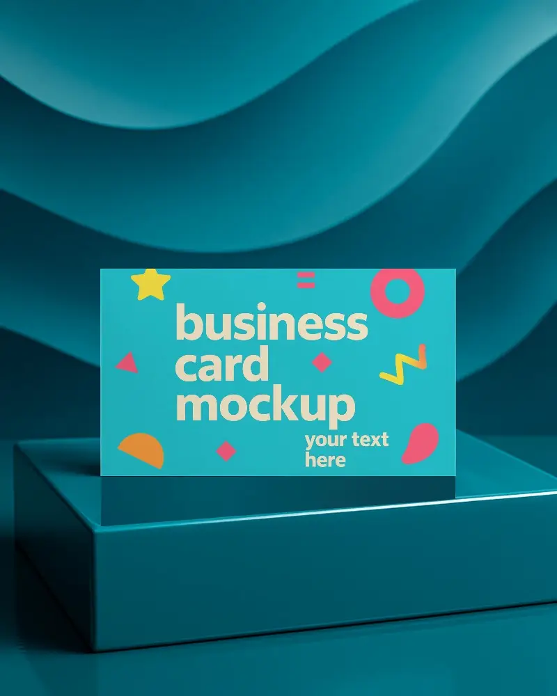 Ocean Tone Business Card Mockup Placed On Glossy Blue Podium With Wavy Abstract Background For Modern Branding