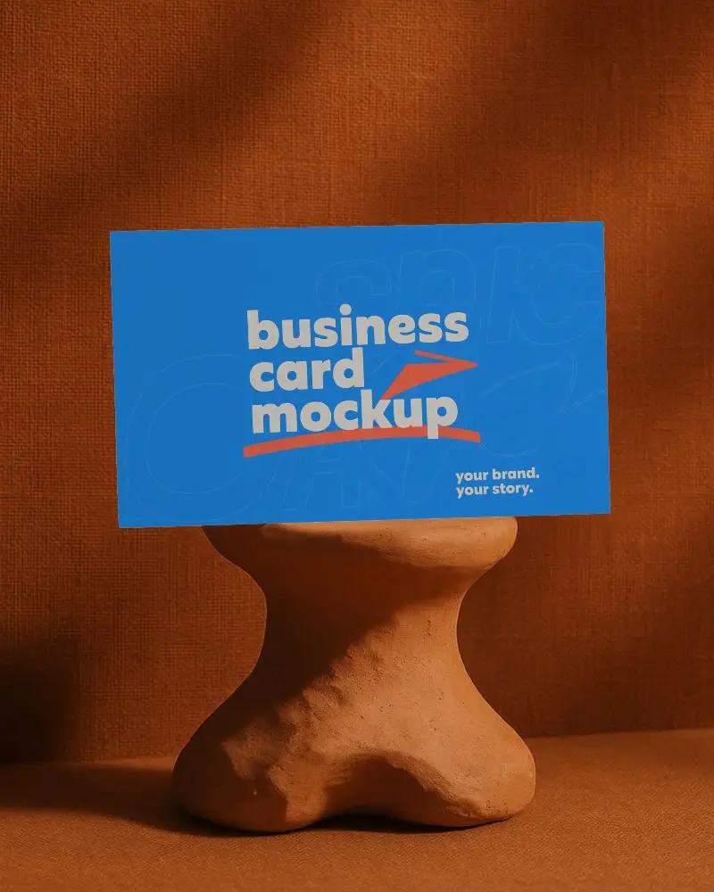 Earthy Terra Cotta Surface Business Card Mockup Horizontal Layout On Sculptural Clay Stand With Rich Textured Backdrop Warm Toned Brand Presentation
