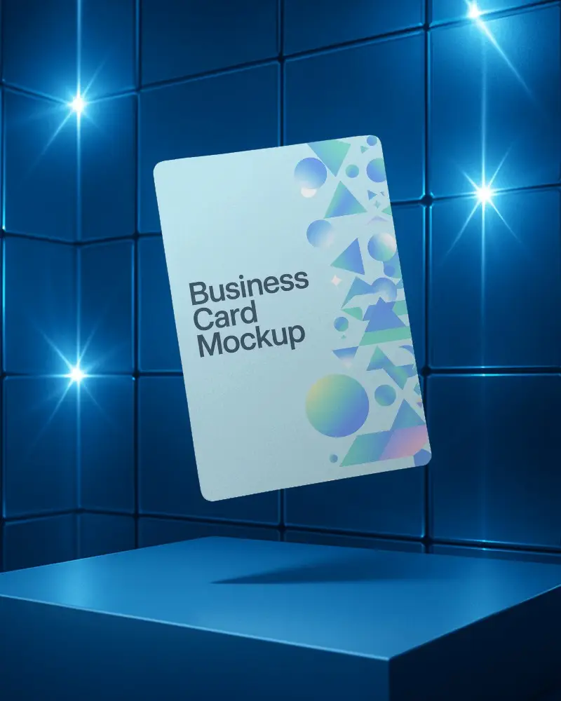 Blue Glossy Tile Room Business Card Mockup Vertical Orientation Hovering On Platform With Bright Spotlight Effects Modern Tech Style Display