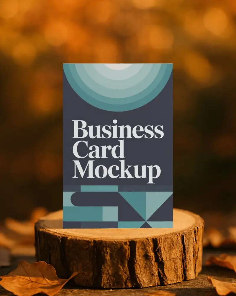 Autumn Themed Wooden Stump Business Card Mockup Vertical Orientation With Blurred Orange Foliage Background Natural And Rustic Brand Showcase