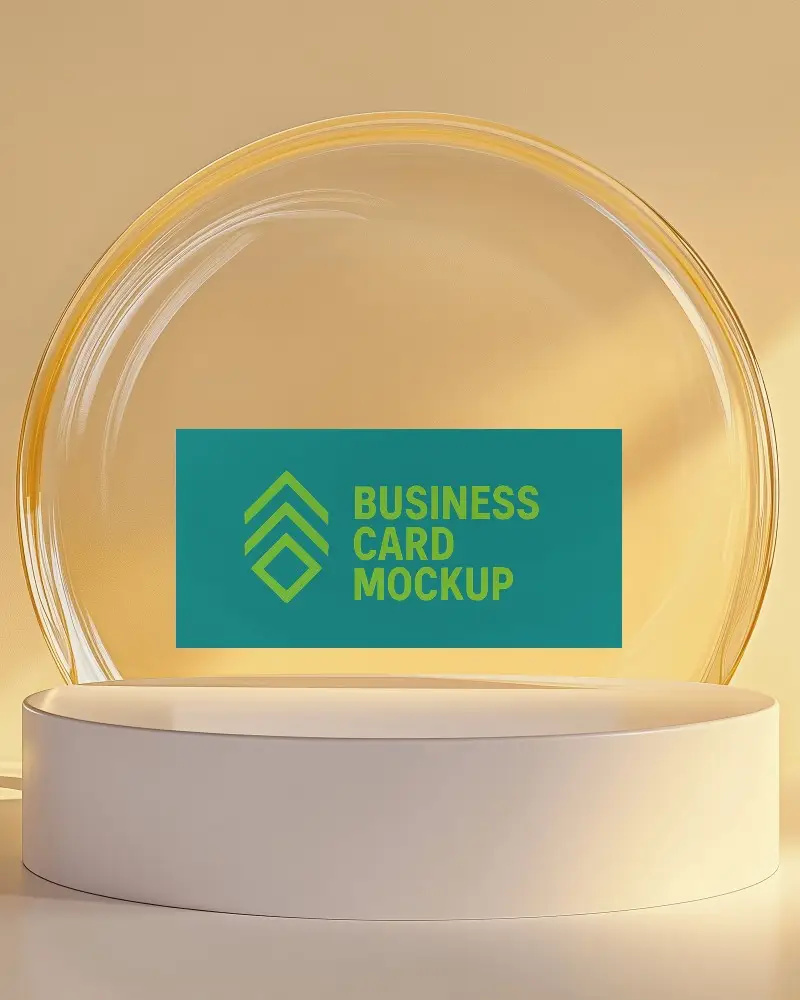 Minimal Yellow Glass Frame Business Card Mockup Horizontal Format On White Podium Under Soft Light Modern Clean Brand Visual