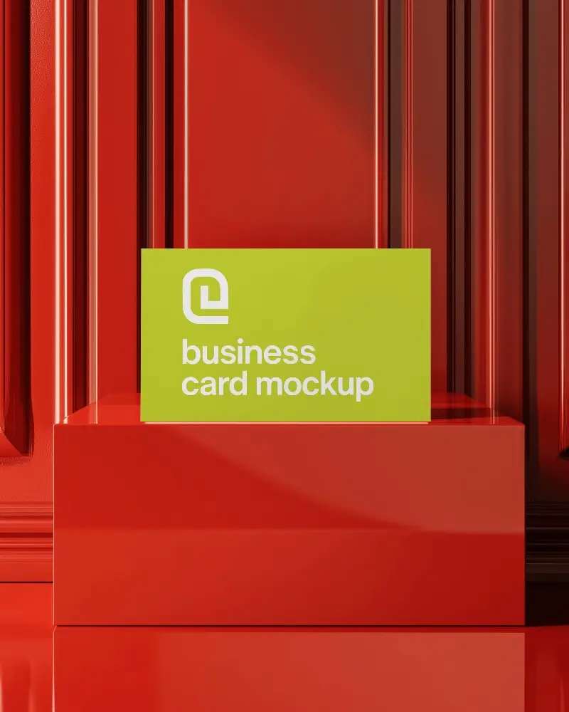 Bold Red Panel Background Business Card Mockup Horizontal Setup On Shiny Geometric Block Modern High Impact Display Composition