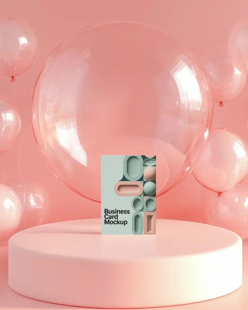 Light Pink Balloons Business Card Mockup Vertical Center Placement On Glossy Round Platform Whimsical And Celebratory Atmosphere
