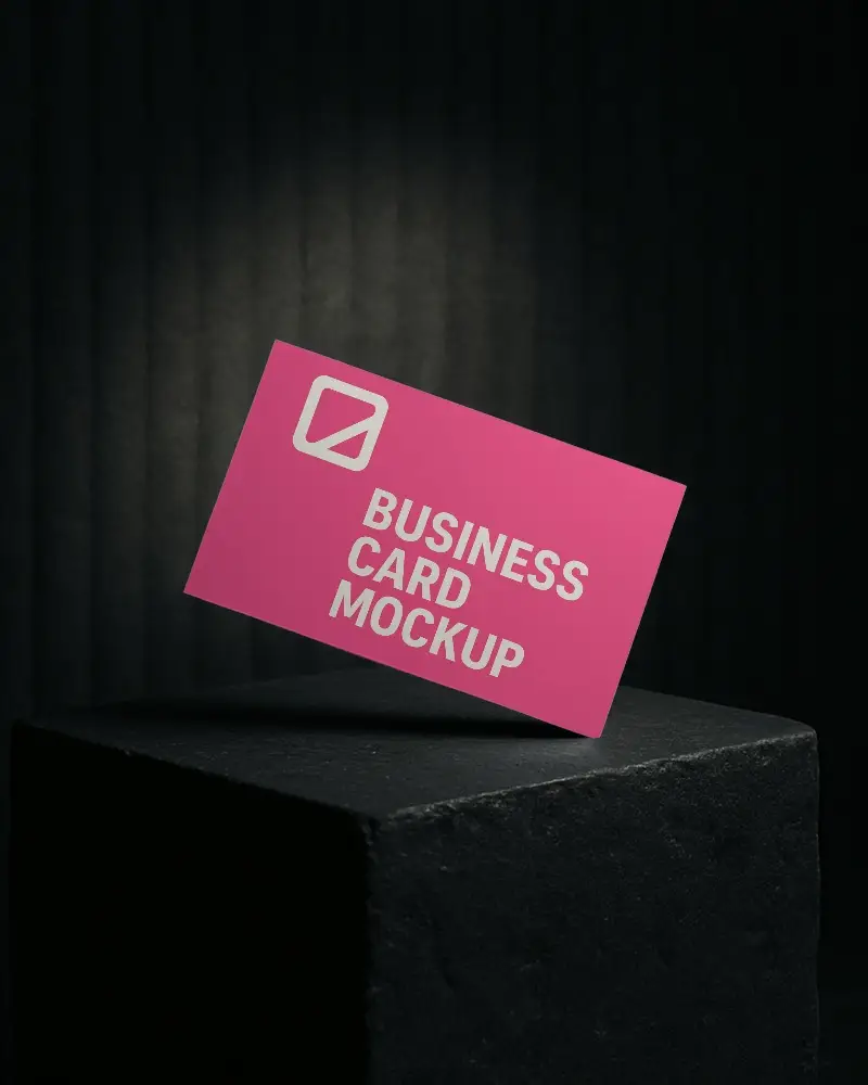 Angled Business Card Mockup On Dark Stone Cube With Vertical Striped Background