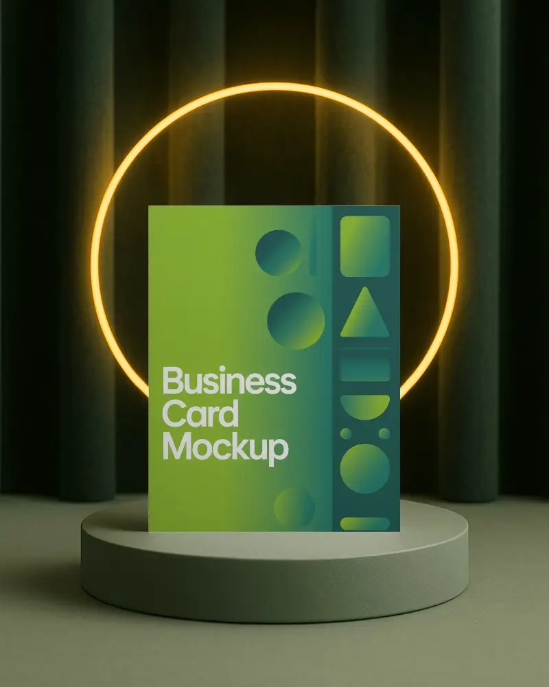 Centered Business Card Mockup On Green Podium With Yellow Neon Circle And Velvet Curtain Background