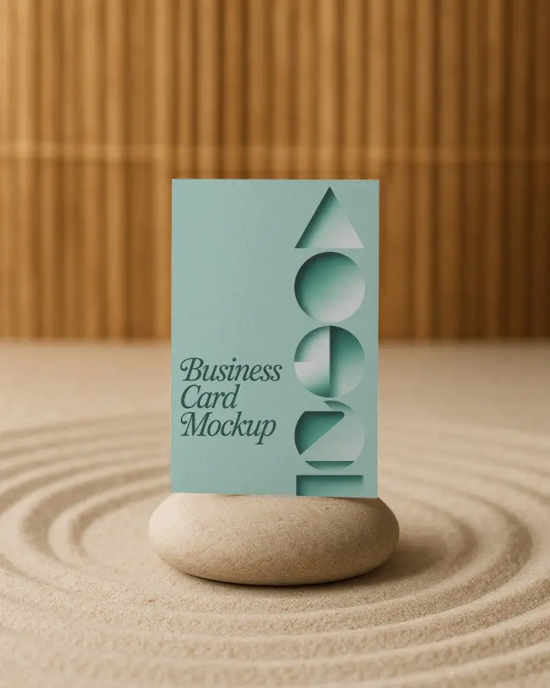 Vertical Business Card Mockup On Smooth Pebble In Sand Garden With Bamboo Wall Background