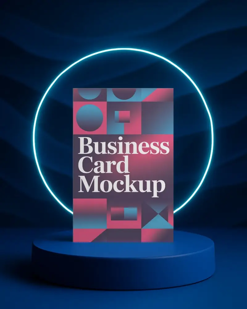 Blue Neon Lit Business Card Mockup Standing On Rounded Podium With Deep Wave Wall Background