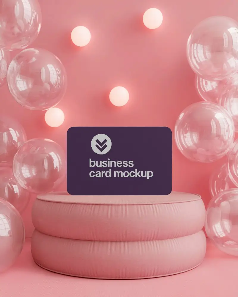 Round Corner Business Card Mockup On Soft Pink Cushion With Balloons And Wall Lights