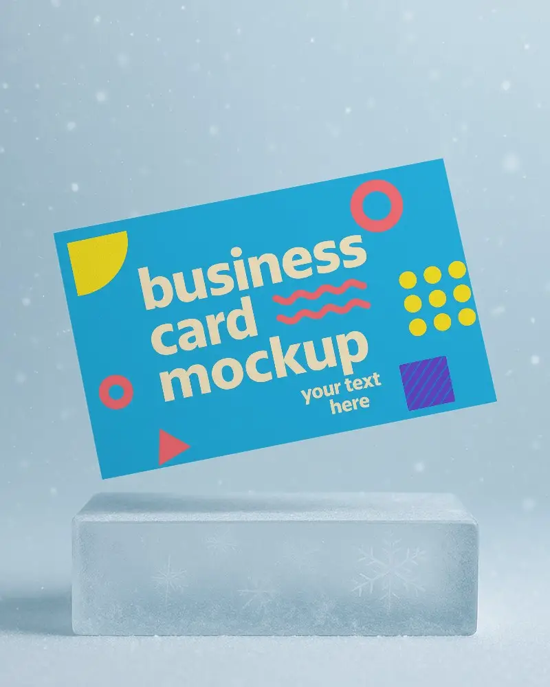 Floating Business Card Mockup Above Ice Block With Snowflakes And Winter Sky Background