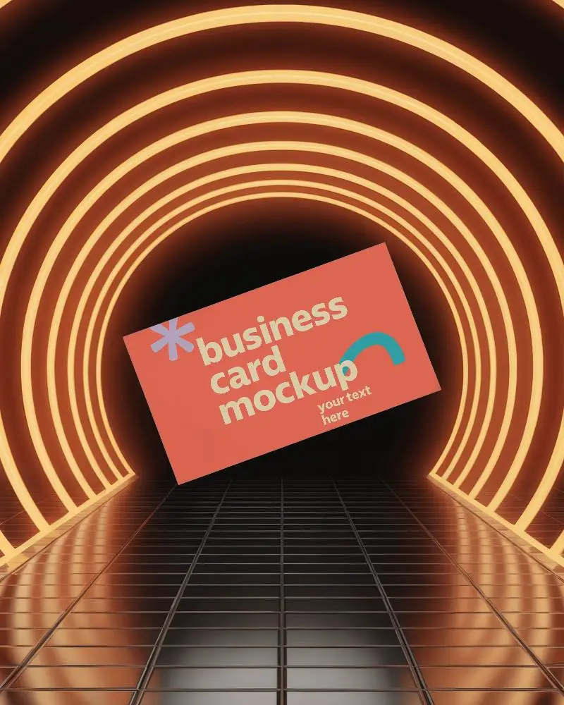 Futuristic Orange Light Archway Business Card Mockup Floating In Neon Tunnel On Reflective Tile Floor
