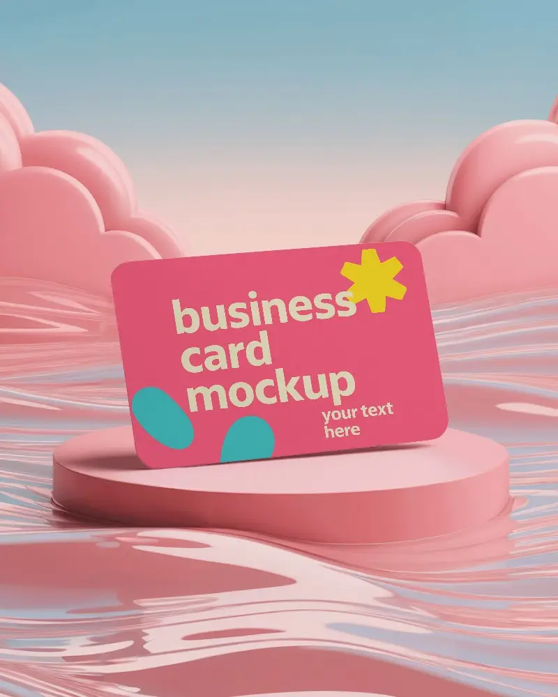 Floating Business Card Mockup On Pink Liquid Podium With Dreamy Clouds And Gradient Sky Background