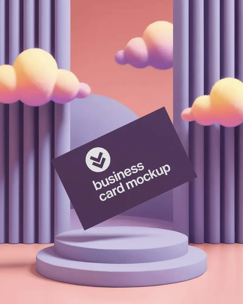 Surreal Violet Sky Business Card Mockup Floating On Lavender Stage With Fluffy Yellow Cloud Props