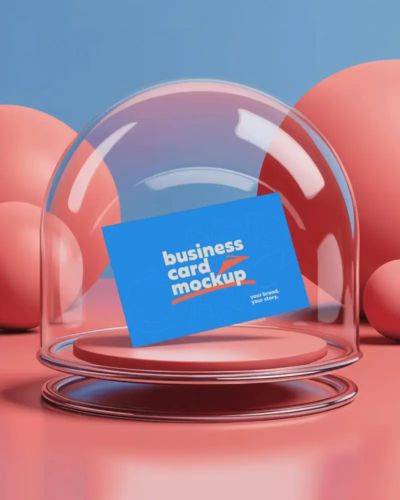 Glass Dome Display Business Card Mockup On Soft Podium In Vibrant Red And Blue Bubble Background