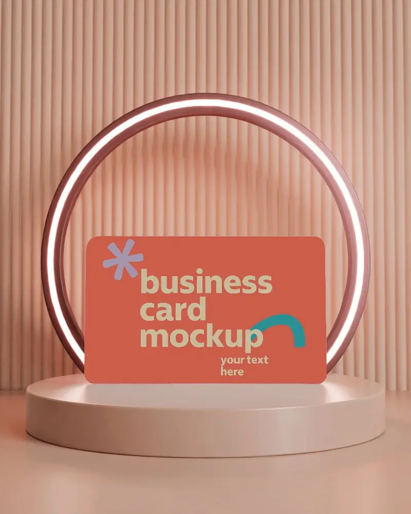 Circular Light Frame Business Card Mockup On Beige Stage With Striped Backdrop And Soft Pink Lighting