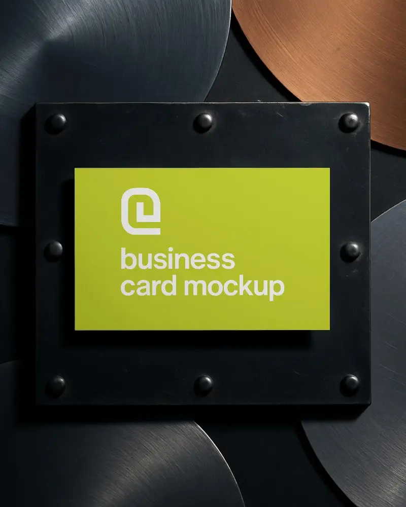 Industrial Metallic Business Card Mockup Centered On Riveted Frame With Brushed Disc Background Edgy Modern Look