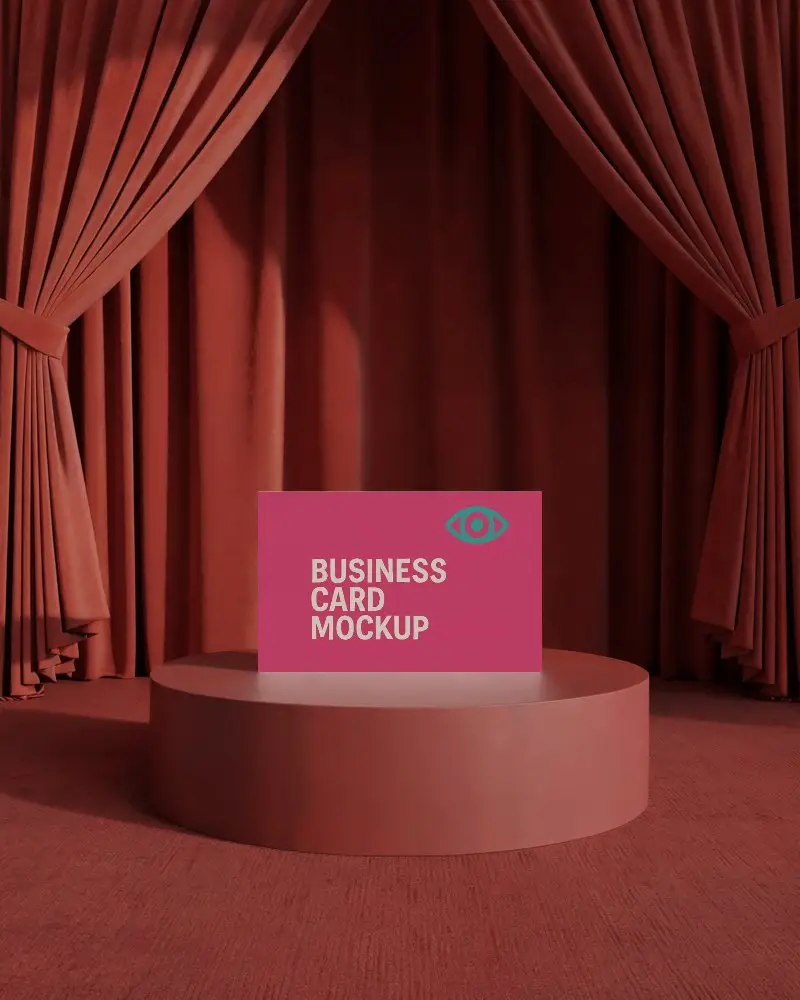 Velvet Curtain Backdrop Business Card Mockup On Round Podium Rich Red Tonal Stage Display Classic Presentation Style Sunlit Stone Platform Business