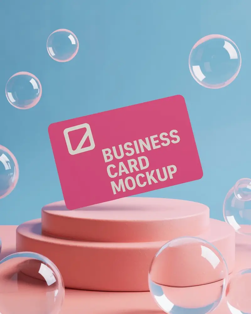 Floating Business Card Mockup With Pastel Blue Background Bubbles And Pink Platform Playful Minimal Display
