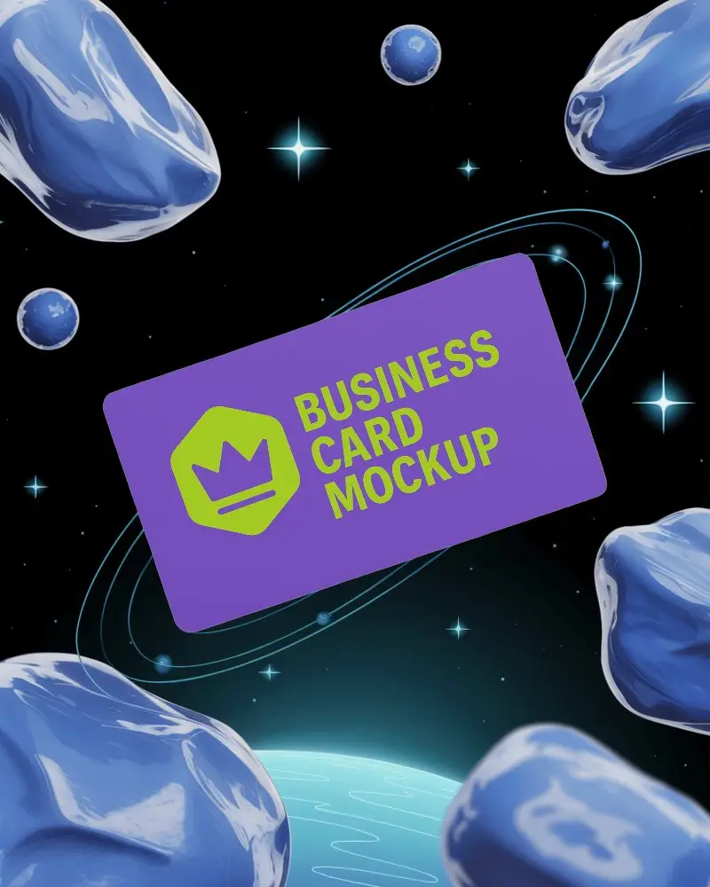 Space Theme Floating Business Card Mockup Amidst Blue Planets And Stars In Dark Galaxy Background