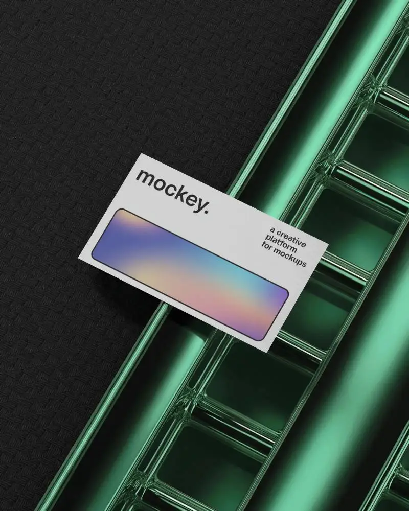 Dark Glass And Black Weave Business Card Mockup With Metallic Teal Reflections