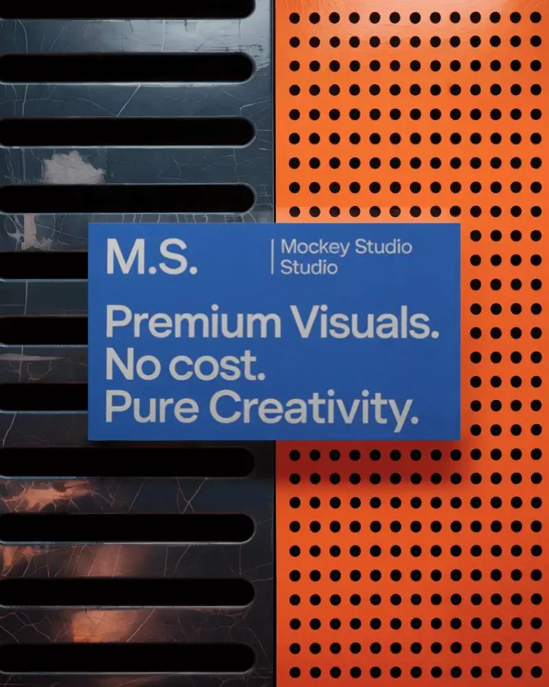 Split Metal Texture Business Card Mockup On Black And Orange Perforated Panel