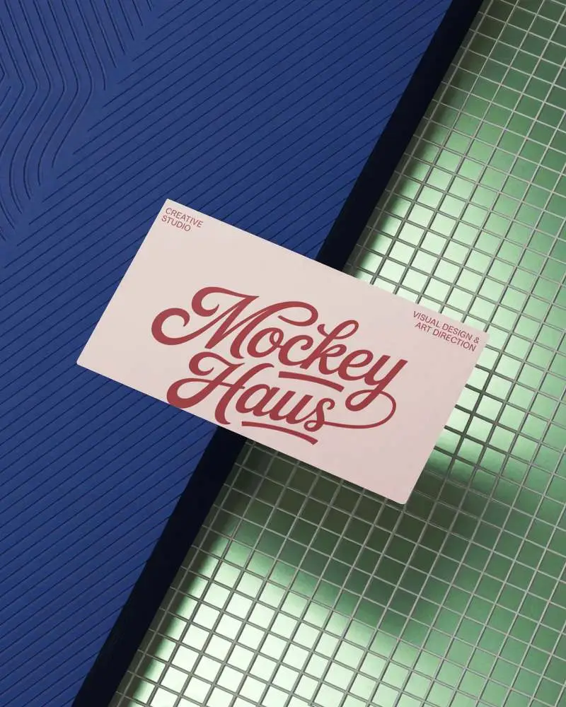 Horizontal Business Card Mockup On Blue And Metallic Grid Industrial Background