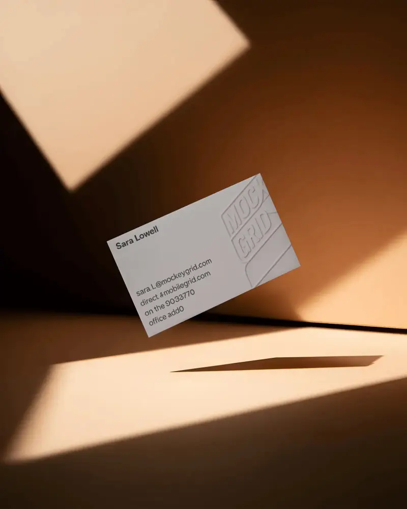 Floating Minimal Business Card Mockup With Sharp Shadow And Geometric Background