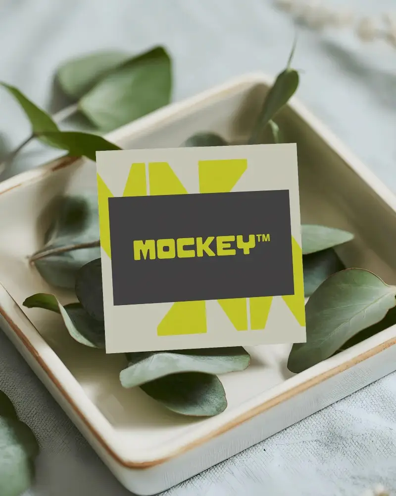 Minimalistic Nature Inspired Business Card Mockup With Leaves On Ceramic Plate For Brand Presentation