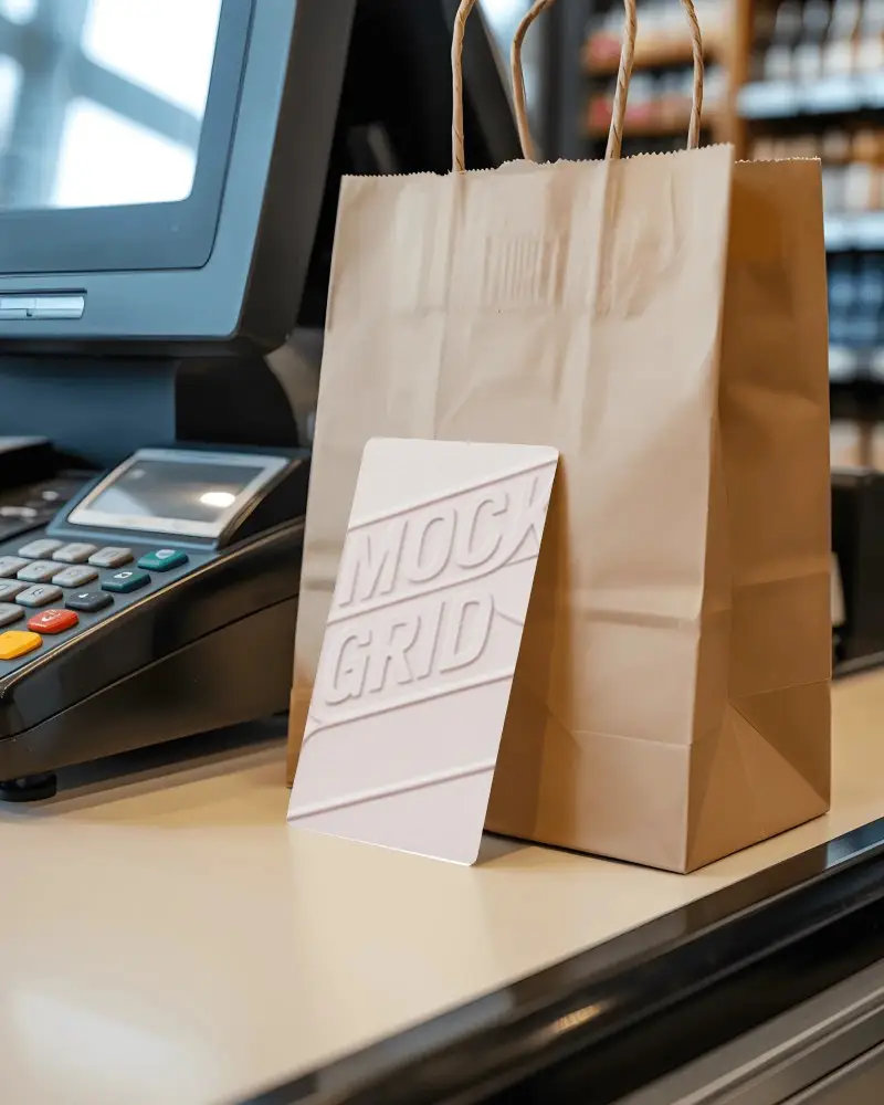Blank Business Card Mockup Placed On Counter Near Paper Bag Front View