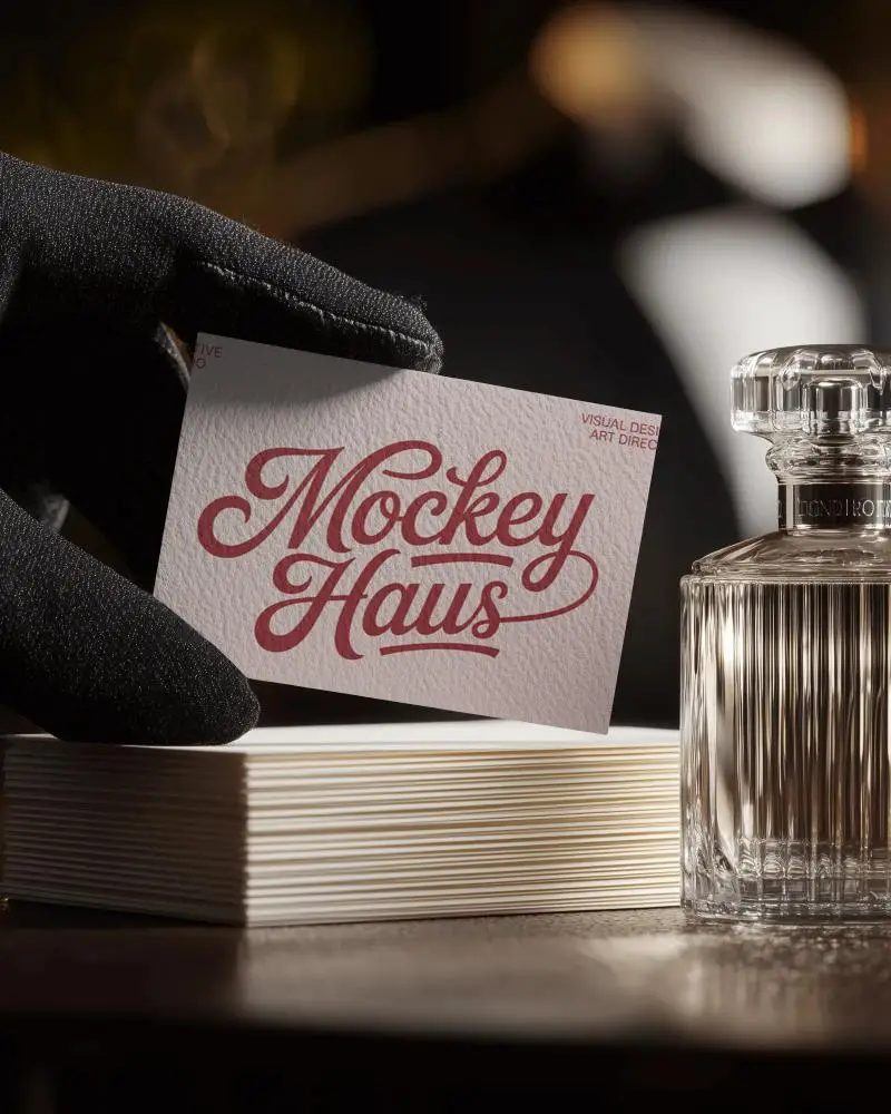 luxury-business-card-mockup-showing-decorative-glass-bottle-and-stacked-cards-on-table