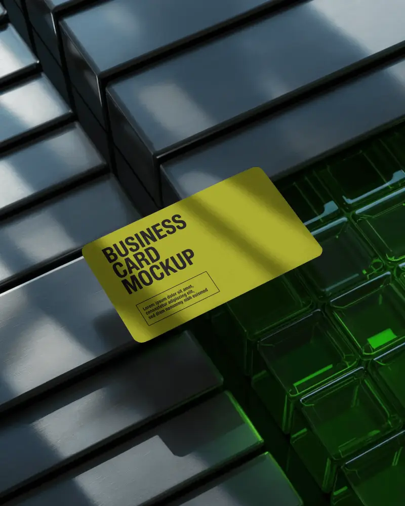 Premium Horizontal Business Card Mockup On Reflective Metal And Green Glass 3d Surface Modern Style