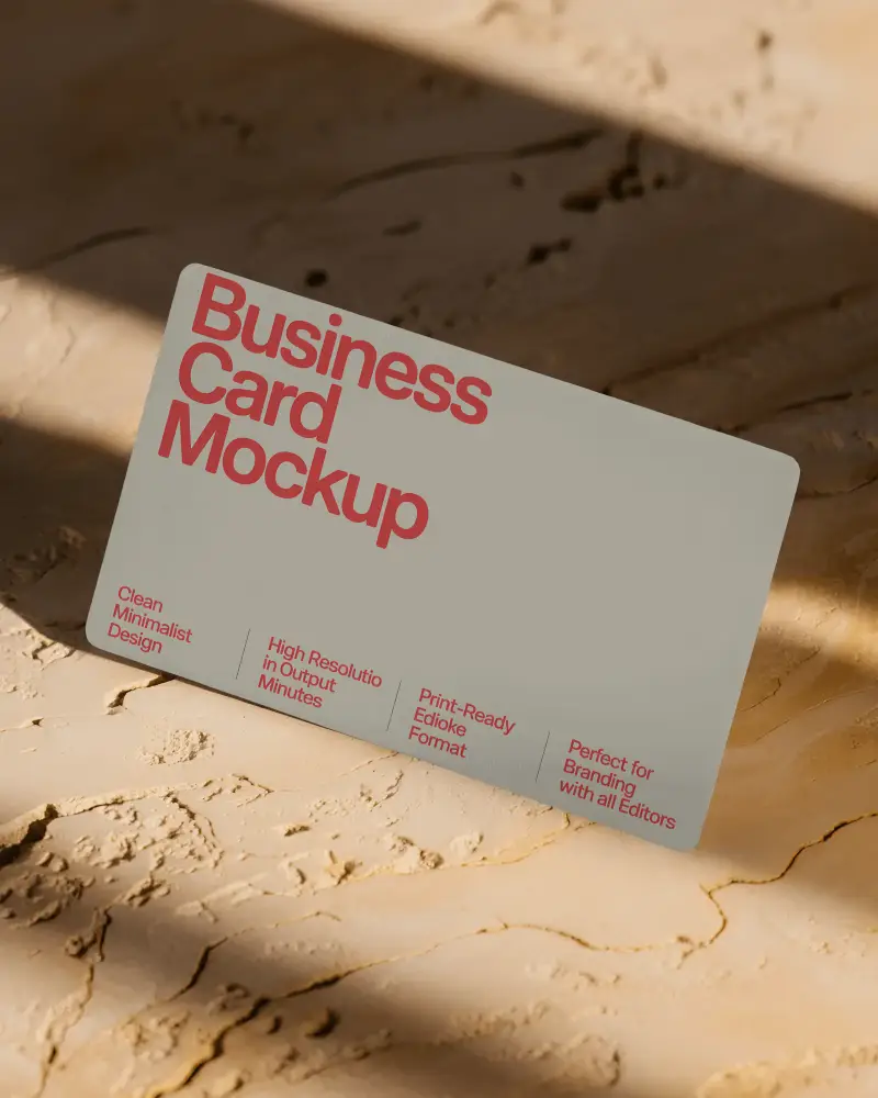 Horizontal Business Card Mockup Angled View On Beige Textured Surface With Light Shadows