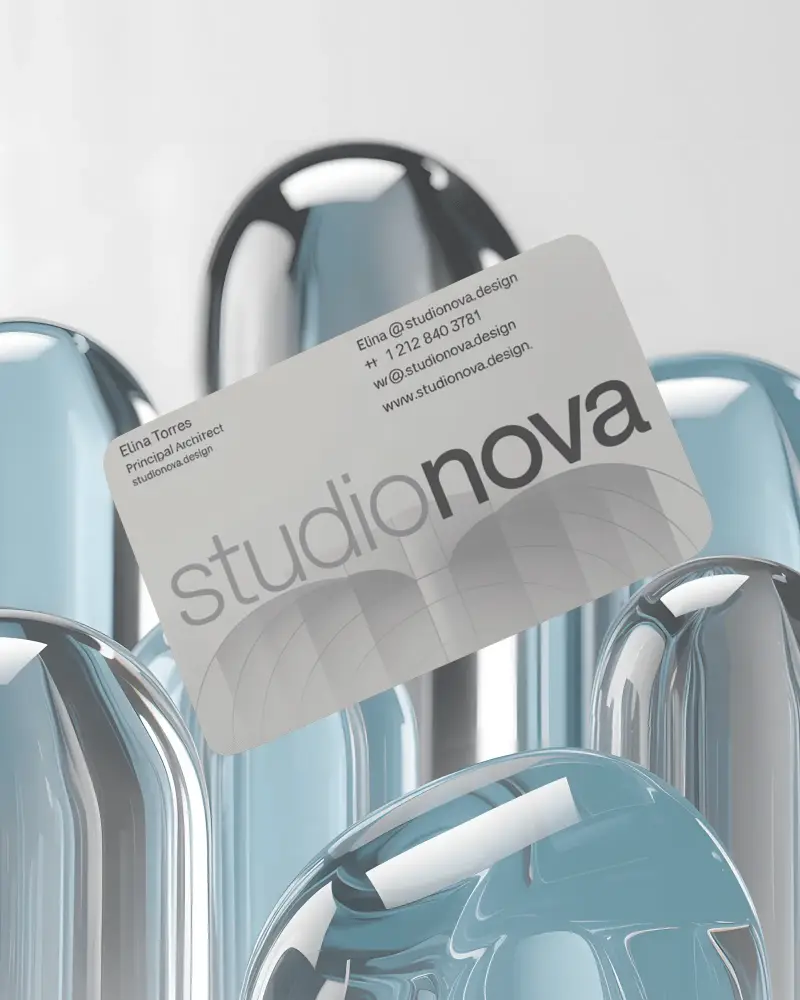 Futuristic Glass Rounded Business Card Mockup Floating Above Metallic Silver Blue Rounded Surfaces