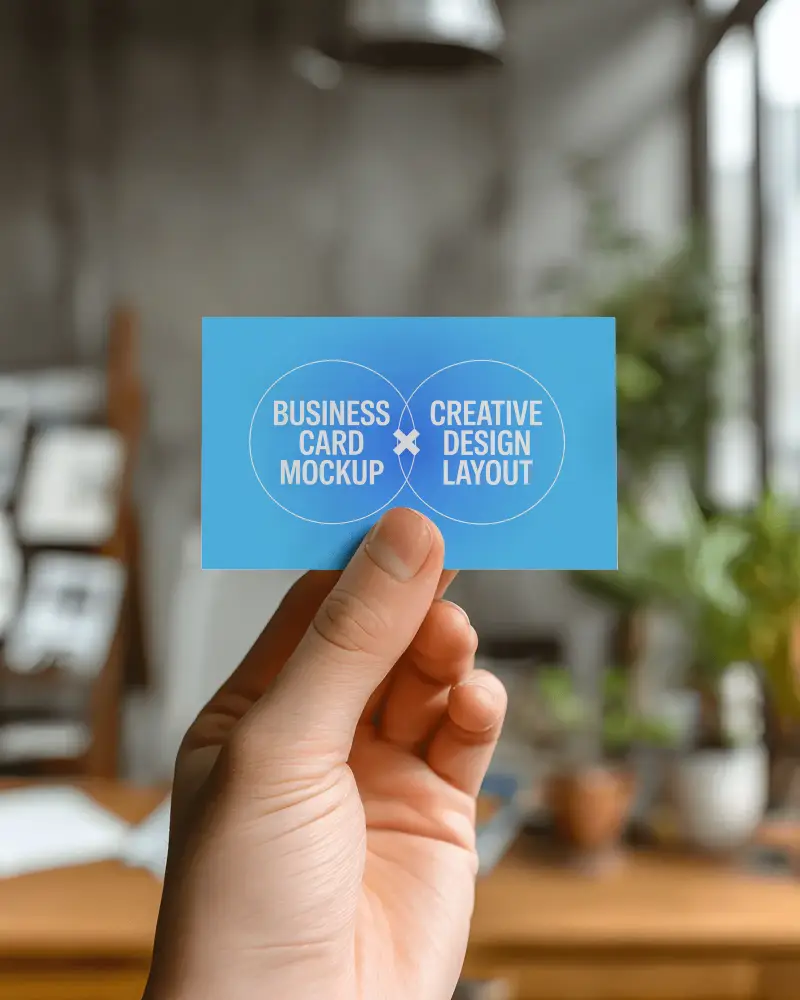 Hand Holding Business Card Mockup In Modern Office Interior Natural Lighting Realistic Scene