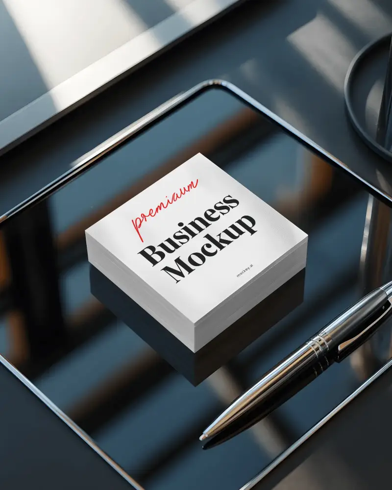 Luxury Square Stack Business Card Mockup On Reflective Glass Desk With Metal Pen And Modern Lighting